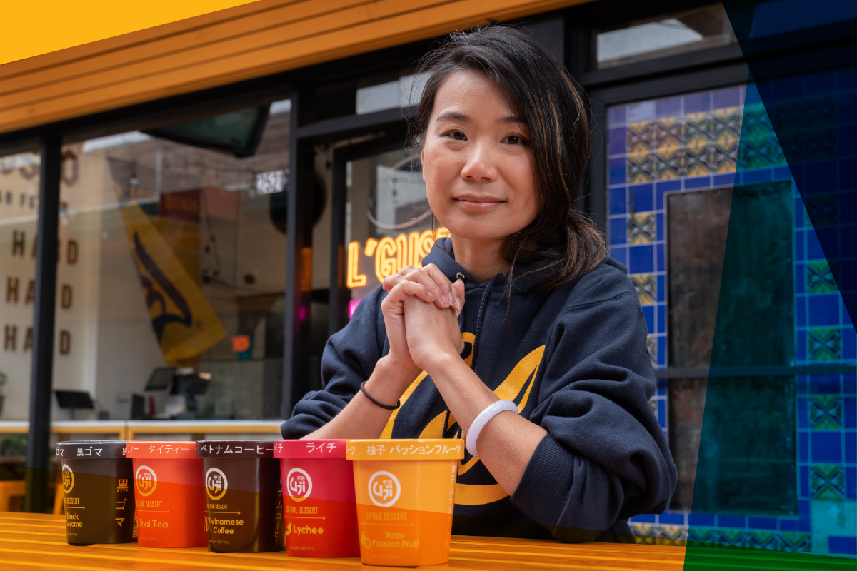 Uji Time CEO Sharon Ku ’08 sits in Durant Food Court with Uji Time ice cream in front of her.. / Cal Alumni Association / KLC Fotos / Ariel Nava 